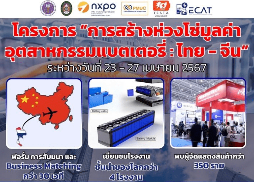 สมาคมยานยนต์ไฟฟ้าดัดแปลงไทย ECAT ร่วมกับมหาวิทยาลัยราชภัฏสวนสุนันทา สอวช. บพข. สมาคมเทคโนโลยีระบบกักเก็บพลังงานไทย (TESTA) จัดโครงการ “การสร้างห่วงโซ่มูลค่าอุตสาหกรรมแบตเตอรี่ : ไทย – จีน” ระหว่างวันที่ 23 – 27 เมษายน 2567